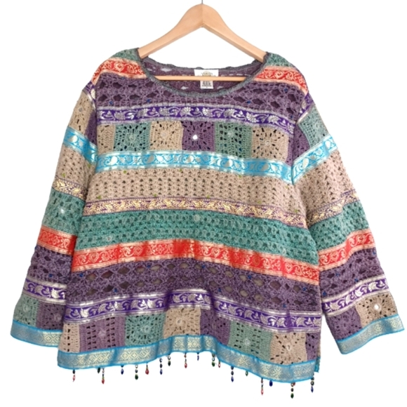 Vintage 90's Boho Patchwork Beaded Accents Sz L Relaxed Artisan Crochet Sweater - Picture 2 of 12